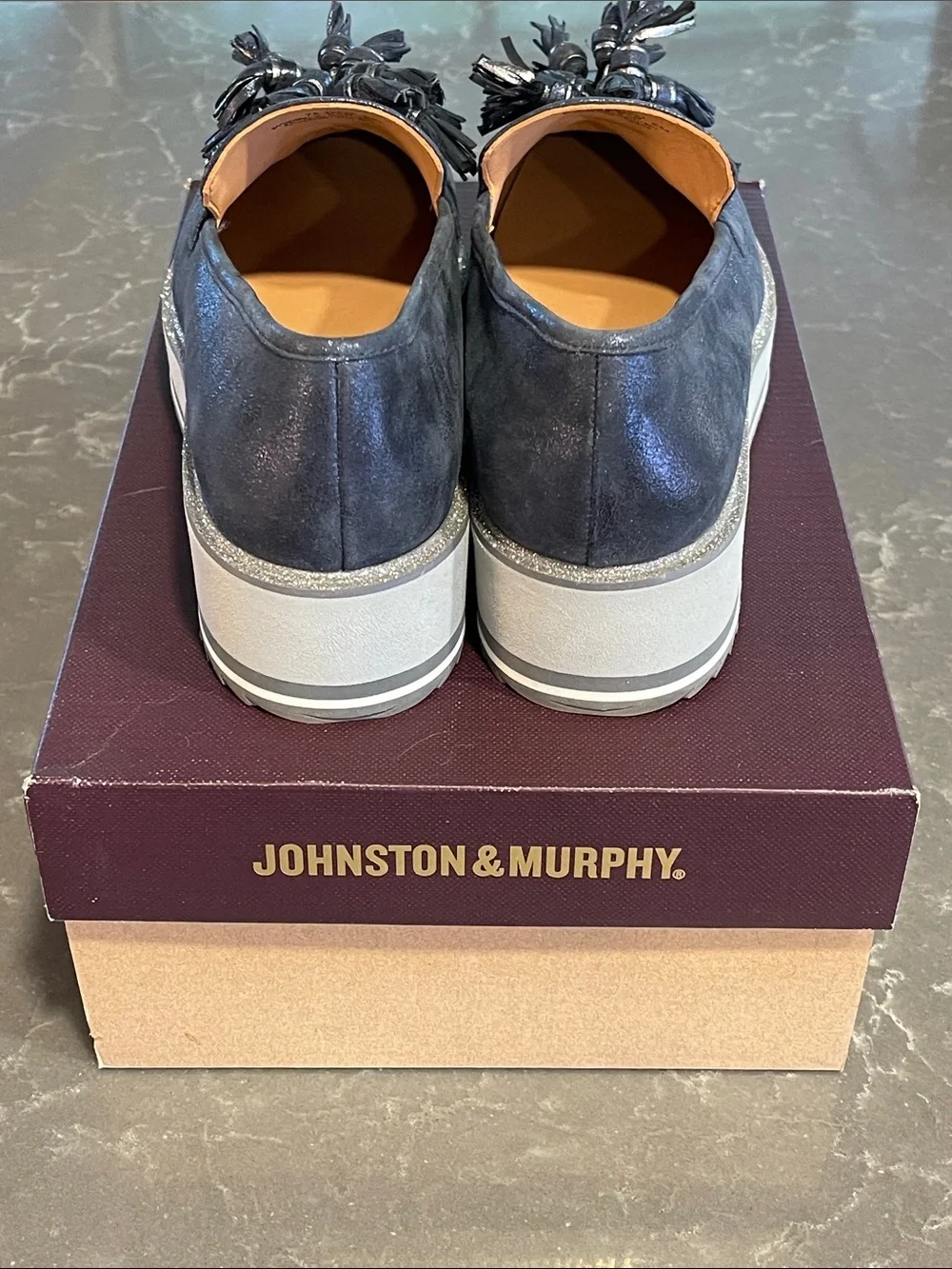 Johnston & Murphy Gracelyn Metallic Navy Tassel Slip-On Loafers- size 9.5